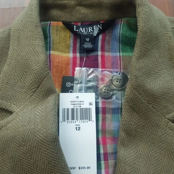 Lauren Ralph Lauren Herringbone Linen Blazer In Olive Fern Size 12 NWT $345 - Picture 6 of 12